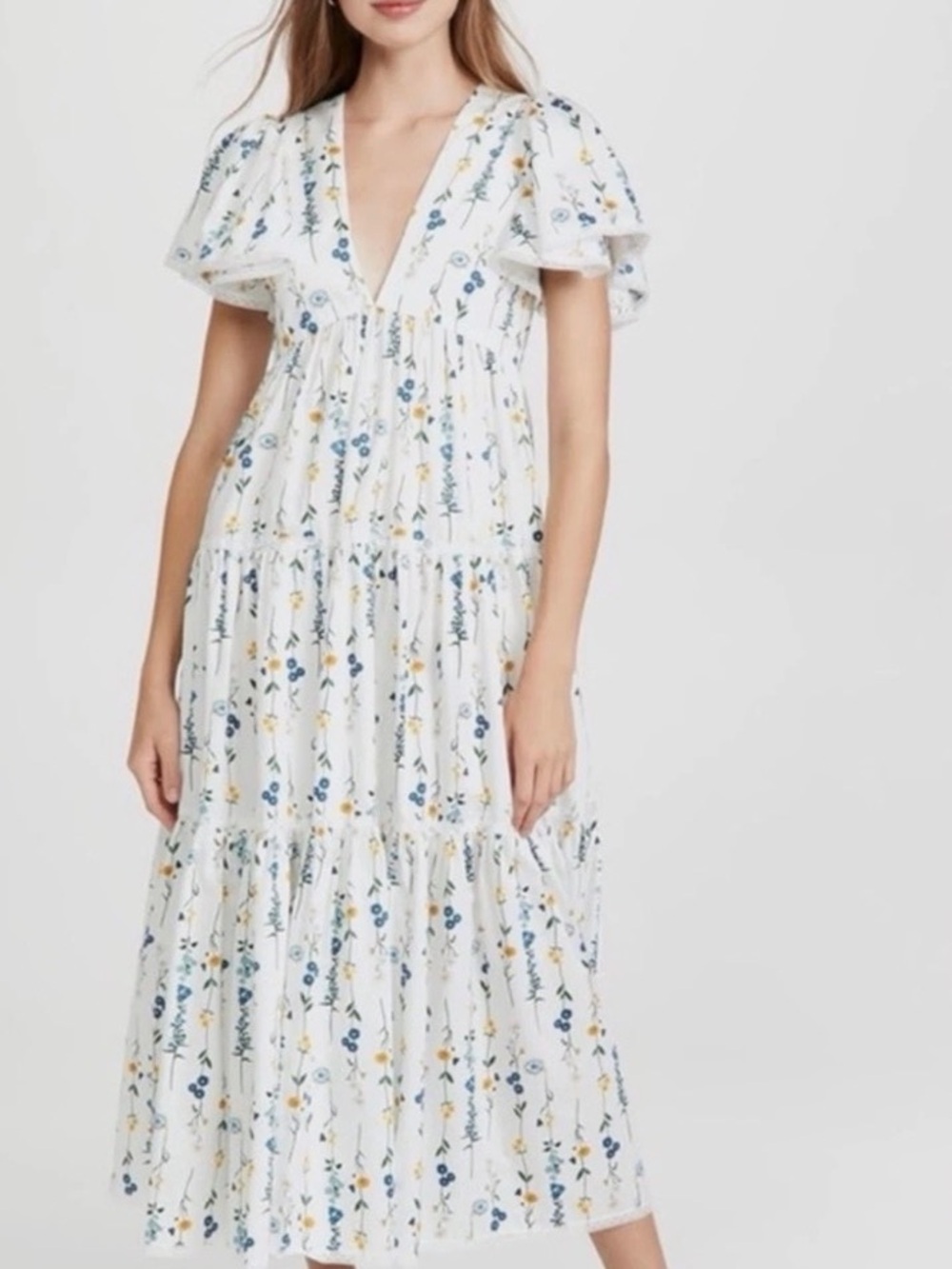 Borgo De Nor White Maxi Dress with Blue and Yellow Floral Print